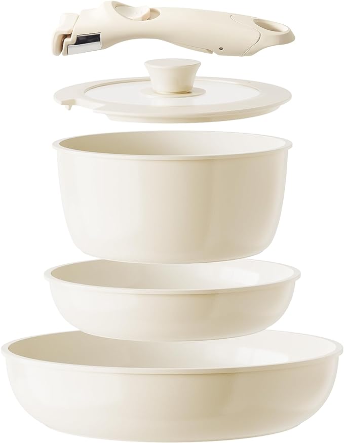 Space-Saving Easy Use Detachable Handle 5pc Cookware Non Toxic Ceramic