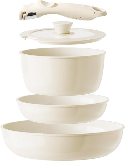 Space-Saving Easy Use Detachable Handle 5pc Cookware Non Toxic Ceramic