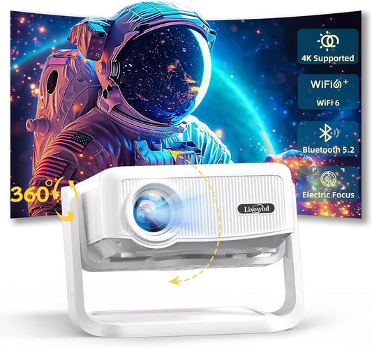 LISOWOD 360°Adjustable-Stand [WiFi & Electric Focus & Auto Keystone], 1080P Outdoor Movie Projector for Phone/TV Stick